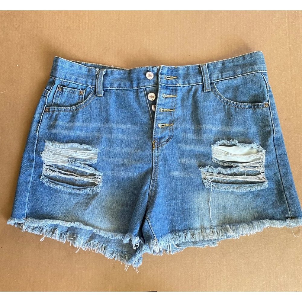 unbranded high hi-rise jean denim shorts distressed‎ raw hem button fly 33" L